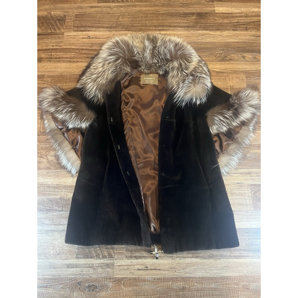 Vintage Breeder's Furs Black Mink Jacket Silver Fox Collar Cuffs Toggle Closure